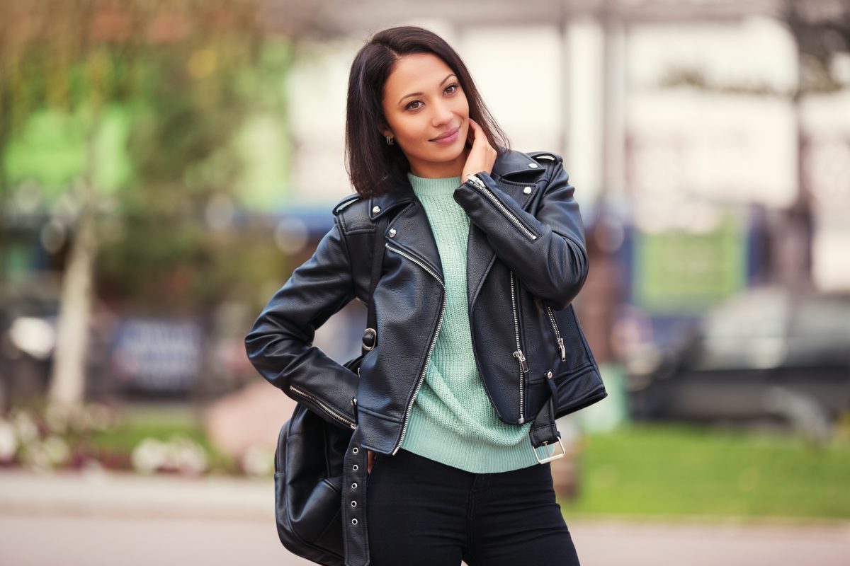 Amateur girl leather jacket pic